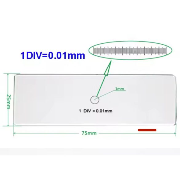 Tárgylemez, kalibrációs mikrométer 1 DIV = 0,01 mm