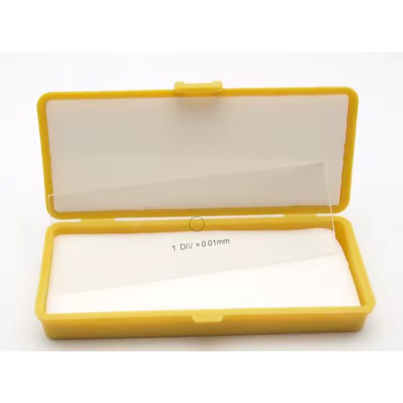 Tárgylemez, kalibrációs mikrométer 1 DIV = 0,01 mm