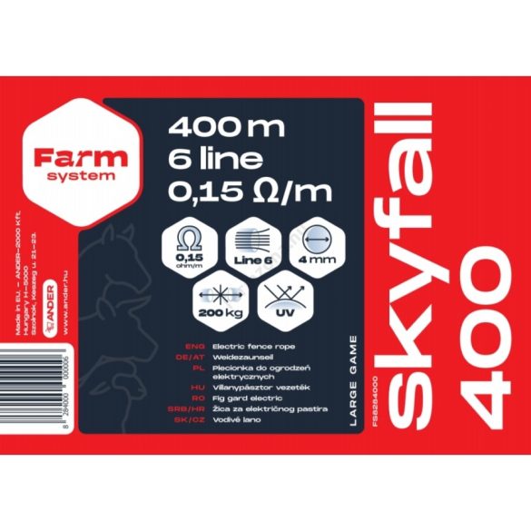 SKYFALL 400 villanypásztor vezeték, 400m, 4mm, 0,15ohm/m, 200 kg, kék-fehér