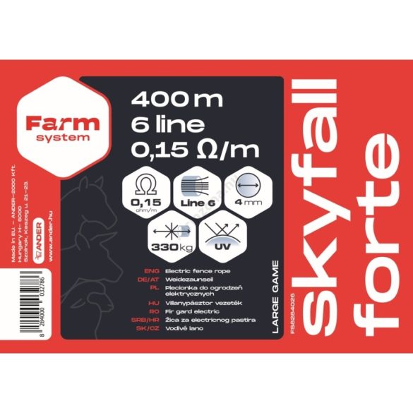 SKYFALL 400 FORTE villanypásztor vezeték, 400m, 4mm, 0,15ohm/m, 330 kg, sárga-fehér